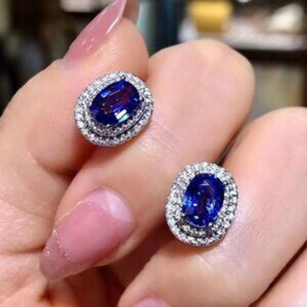 NEW 18k White Gold Blue Sapphire Diamond Earrings Oval Earrings